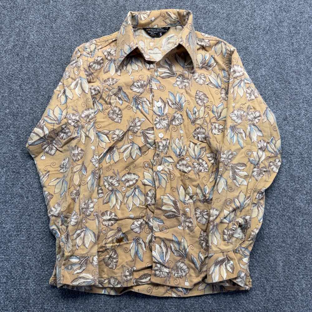Vintage JCPenney Flannel Sport Shirt Mens Small Tan Floral Cotton Button Up 70s